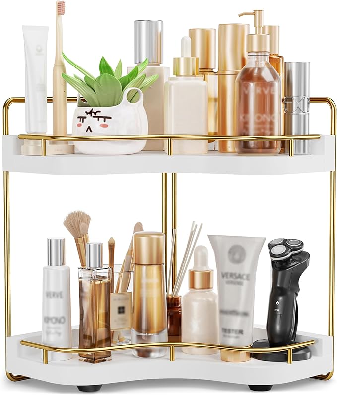 2-Tier Corner Bathroom Counter Organizer with Embedded Screw Holes, Secure & Stable Wood Vanity Shelf for Makeup and Skincare