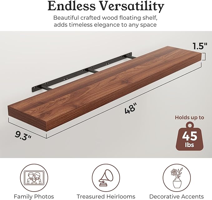 Floating Shelves for Wall, 9.3" Deep Wall Mounted Wood Shelves for Bathroom, Bedroom, Living Room, Kitchen, Hanging Shelf for