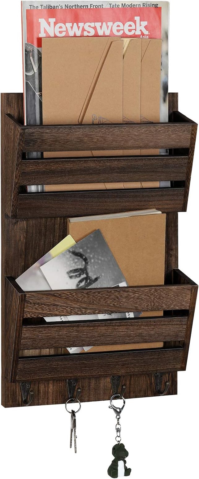 BTY Mail Holder for Wall, Wooden Mail Sorter with 4 Key Hooks, 2 Slot Wall Mounted Mail Sorter Letter Bills Newspaper Magazin