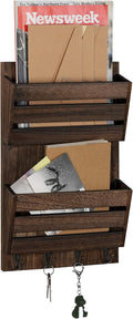 BTY Mail Holder for Wall, Wooden Mail Sorter with 4 Key Hooks, 2 Slot Wall Mounted Mail Sorter Letter Bills Newspaper Magazin