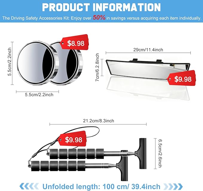 New Driver Gifts, Teen Driver Car Safety Accessories with Wide Angle Rear View Mirror,Suction Cup Blind Spot Mirrors,Car Mirror Wiper for Wide Vision Clear Visibility for Women Drivers in Bad Weather