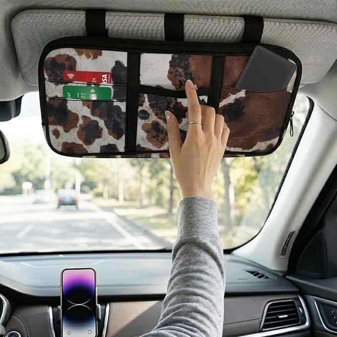 Cow PrintCar Sun Visor Bag Vehicle Visor Storage Pouch Auto CD Holder with Multi-Pocket Fits Most Cars,Suvs,Jeeps,Trucks