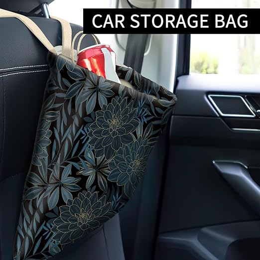 Car Trash Can, Cute Car Trash Bag, Hanging Car Organizer and Storage Bag, Trash Bin for Car Accessories, Vehicle, Travelling, Camping Luxury Blue Flowers