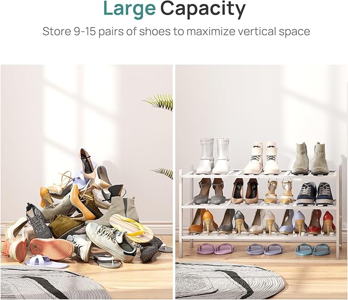 viewcare 3-Tier Long Shoe Rack, Bamboo Wood Shoe Rack for Closet, Entryway & Hallway, Stackable White Shoe Shelf Storage Orga