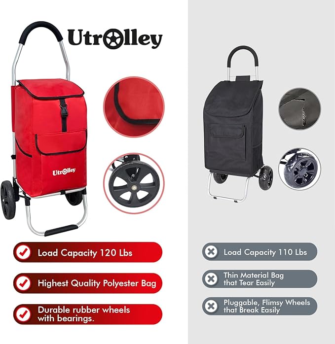 Ultra-Lightweight Red Foldable Shopping Cart for Groceries Large 42L Capacity Rubber Wheels, Removable Insulated Bag Liner, Durable Aluminum Frame, Multi-Function Personal Hand Truck