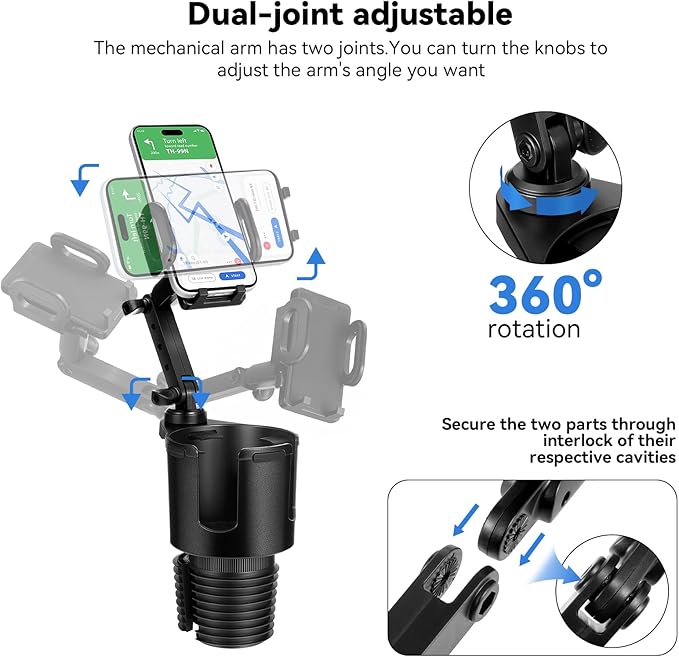 Cup Holder Phone Mount for Car, 2-in-1 Cup Holder Expander with Phone Mount, Universal Adjustable Phone Holder Mount, Long Arm & 360° Rotation for All Smartphones