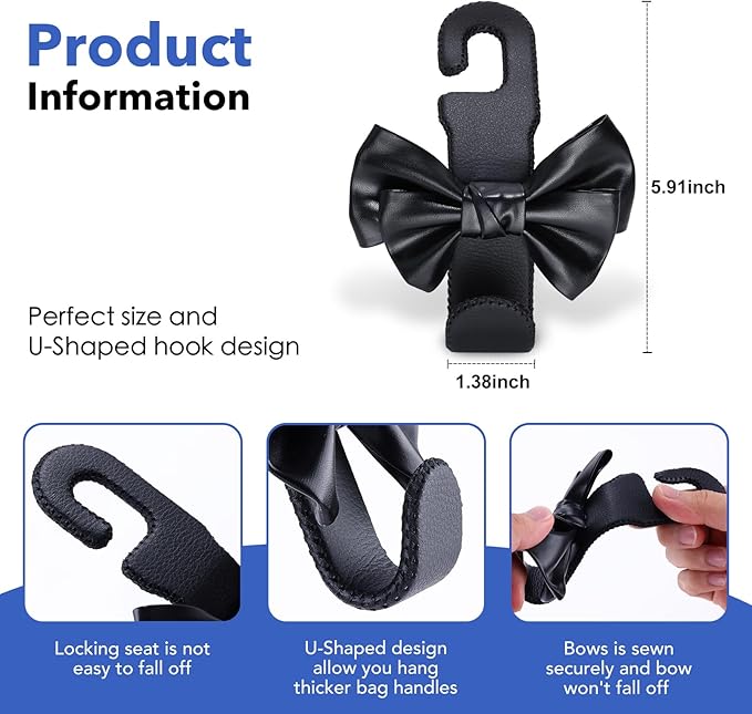 Car Seat Headrest Hooks, Leather Cute Bow Vehicle Hooks for Purses and Bags, Automotive Purse Hook Hanger Interior Decoration Accessories, Universal for SUV, Sedan, Truck (Black, 2 Pack)