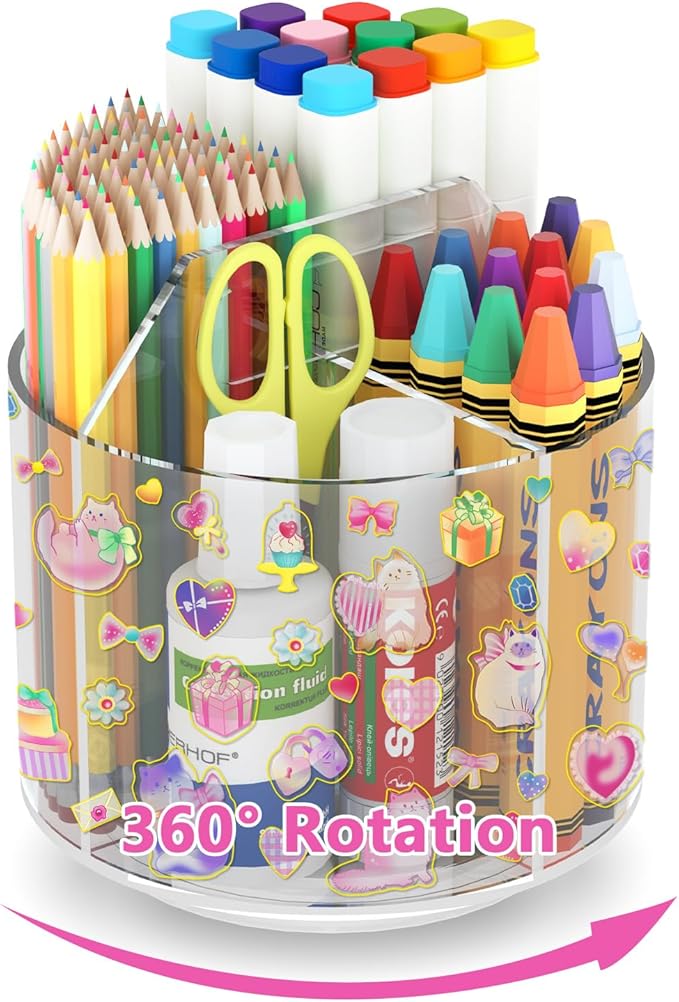 Wawocs Acrylic Pencil Organizer for Desk 4 Compartments with Adhesive DIY Sticker, Rotating Art Supply Organizer with Kawaii 