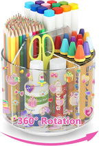 Wawocs Acrylic Pencil Organizer for Desk 4 Compartments with Adhesive DIY Sticker, Rotating Art Supply Organizer with Kawaii 
