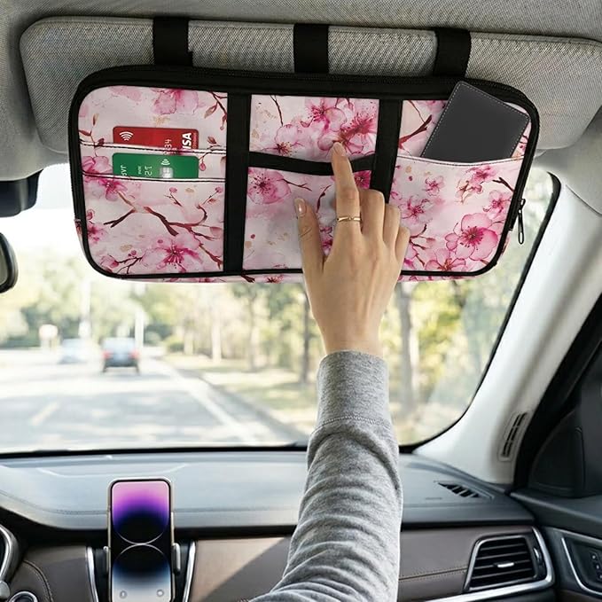 Pink Flower Car Sun Visor Organizer, Multi-Pocket Auto Visor Organizers Card Holder Car Storage Bag with Zipper Scratch-Resistant Auto Sunshade Organizer Bag Organizes Essentials