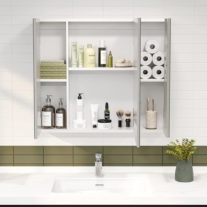 DICTAC Medicine Cabinet with Mirror & Storage - 27.6x23.6in Wall Mounted Cabinet with 3 Doors & Adjustable Shelves for Bathro