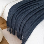 BATTILO HOME Navy Blue Throw Blanket with Fringe, Geometric Bed Blue Throws, Spring Decorative Large Throw for Couch Sofa Ind