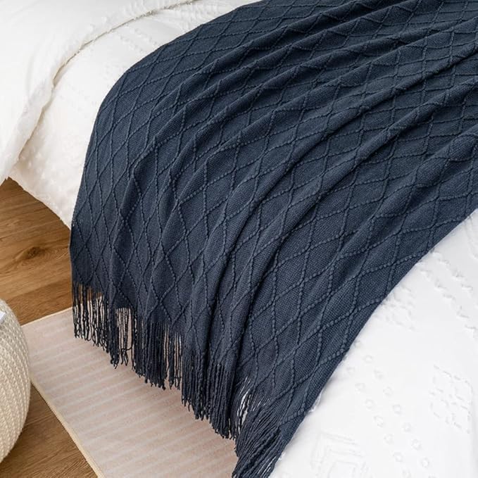 BATTILO HOME Navy Blue Throw Blanket with Fringe, Geometric Bed Blue Throws, Spring Decorative Large Throw for Couch Sofa Ind