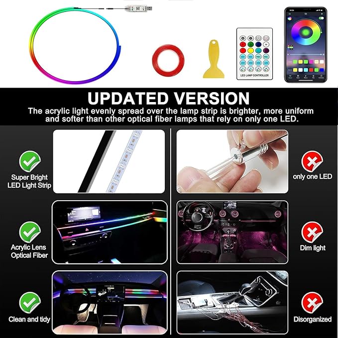 Ambient Lighting Car Led Lights Interior,43.3in USB RGB Dreamcolor Acrylic Neon Flexible Strip Fiber Optic LED Ambient Lighting Kits with Remote APP, RGB Music Lights Sync for Inside car Decorations