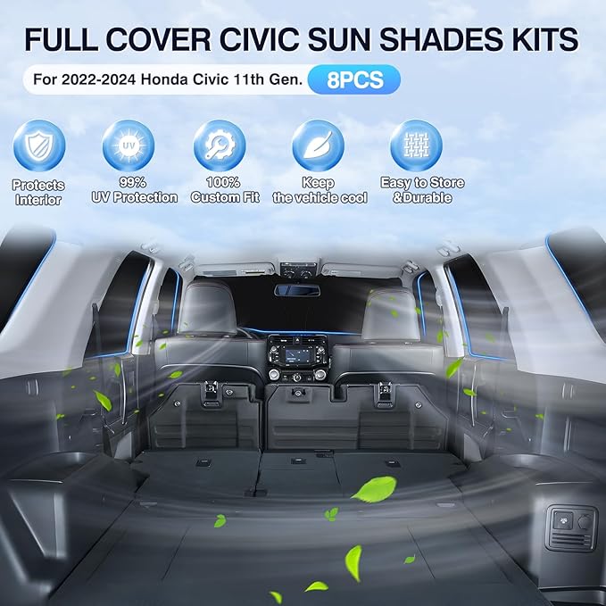 Sunsdrew 8PCS Civic Windshield Sun Shade for Honda Civic 2022-2024 2025(NOT fit Hatchback) 11th Gen. Accessories,Front&Rear&Side Window Cover Privacy Civic Window Shade Blocks UV Rays Heat