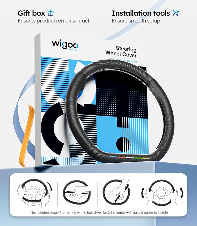 Wigoo Steering Wheel Cover for New Model Y Juniper & Model 3[Ultra-Thin, Breathable Leather] Model 3 (2024~2026)/New Model Y Juniper Accessories, for Men and Women, D Type, 14.5''-15''