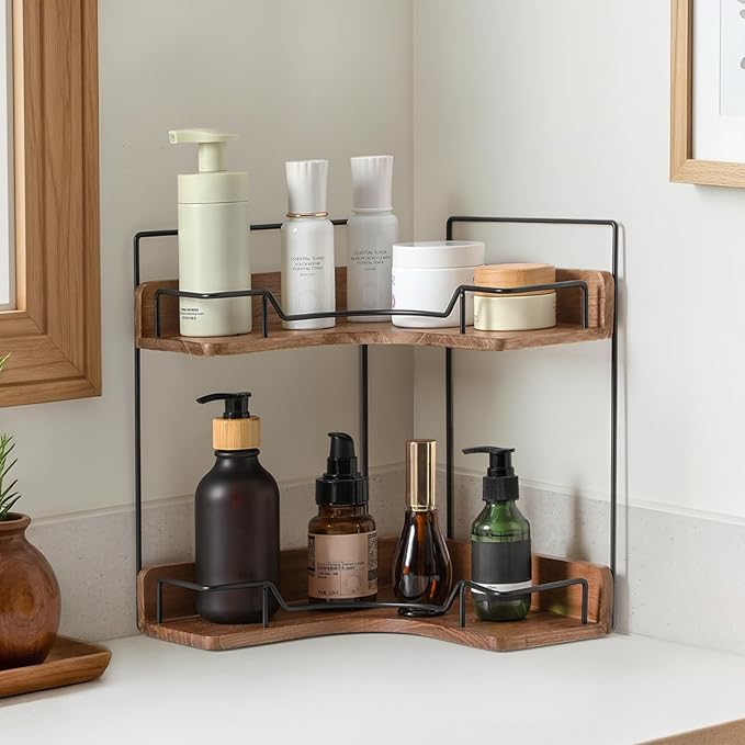 2-Tier Bathroom Counter Organizer, Wooden Corner Shelf for Vanity Countertop Skincare & Makeup, Storage and Organization for 