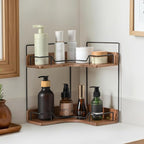 2-Tier Bathroom Counter Organizer, Wooden Corner Shelf for Vanity Countertop Skincare & Makeup, Storage and Organization for 