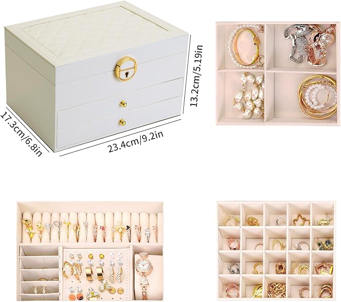 3 Layer Jewelry Box Organizer with Drawers, Lockable PU Leather Jewelry Storage Case for Mothrer's Day gifts Necklace Earring