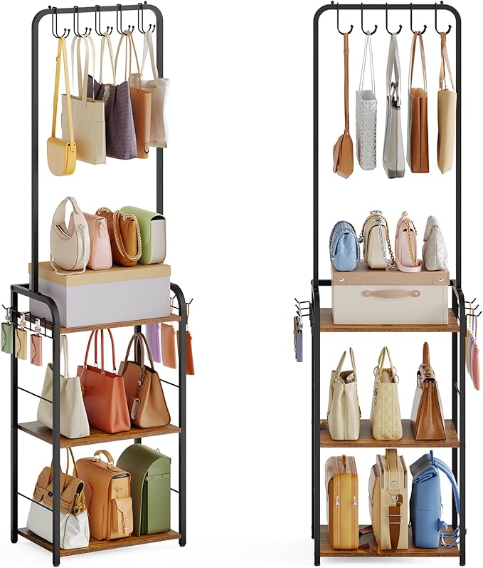 Floor-Standing Purse Organizer for Closet with 5 Hangers & 6 Side Hooks, Tall Purse Rack Stand for Purse Storage, High-Capaci