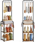 Floor-Standing Purse Organizer for Closet with 5 Hangers & 6 Side Hooks, Tall Purse Rack Stand for Purse Storage, High-Capaci