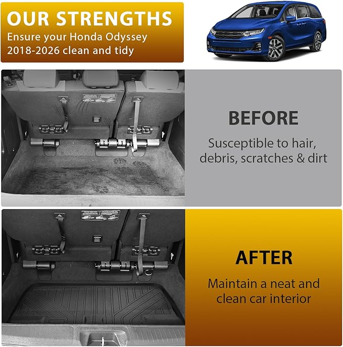 Powerty Floor Mats for Honda Odyssey 2026 2025-2018 Mini Passenger Van Car Mats, All Weather TPE Custom 1st 2nd & 3rd Rows Floor Liner and Cargo Liner Honda Odyssey Accessories (Floor Mats+Trunk Mat)
