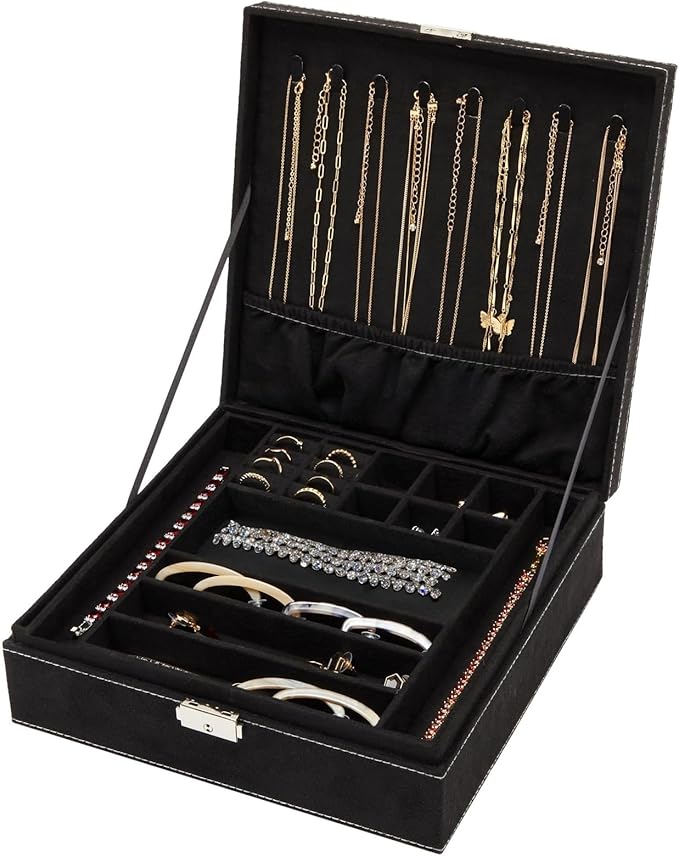 Juvale Jewelry Box for Men - 10.5 x 10.5 x 3.5 in, Black Velvet - Locking 2-Layer Travel Jewelry Organizer & Earring Holder, 