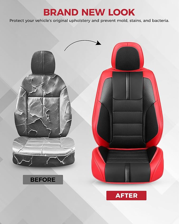 FREESOO Red Black Front Car Seat Covers - Faux Nappa Leather Seat Covers for Cars, with Carbon Fiber Texture Seatbelt Pads, I