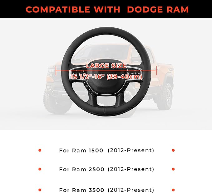 Steering Wheel Cover for Dodge Ram 1500 2500 3500 2012-2026, Fit 15.5-16" Wheels (Black)