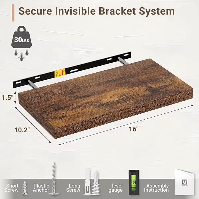 Vivelove 10 Inch Deep Floating Shelves 16 inch Long, 16 x 10 Wide Wall Shelves with Invisible Brackets, for Bedroom Bathroom 