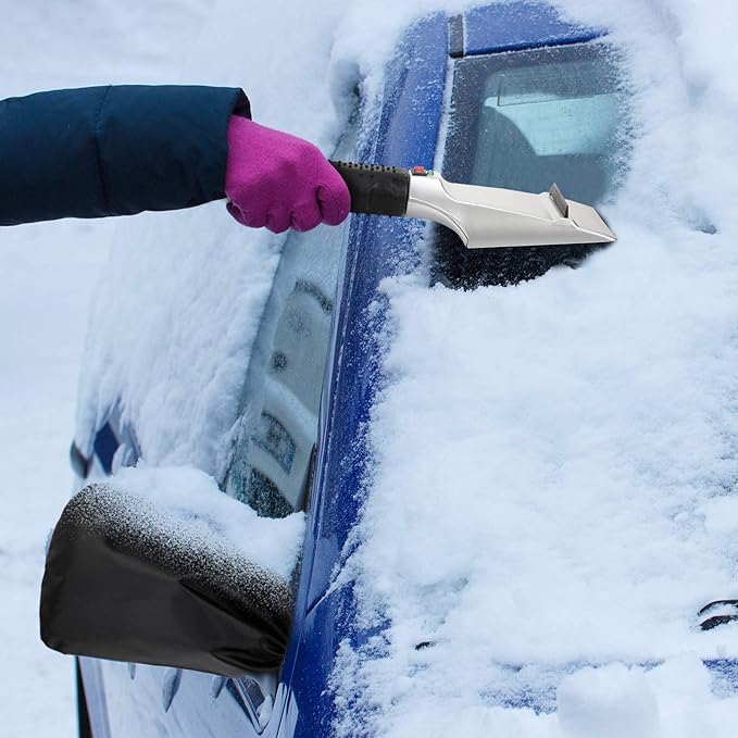 Frienda Heated Snow Ice Scraper 12V Electric Auto Windshield Ice Scrapers Electric Window with 2 Pieces Rear View Mirror Covers Side Mirror Protective Covers for Most Cars Trucks SUV