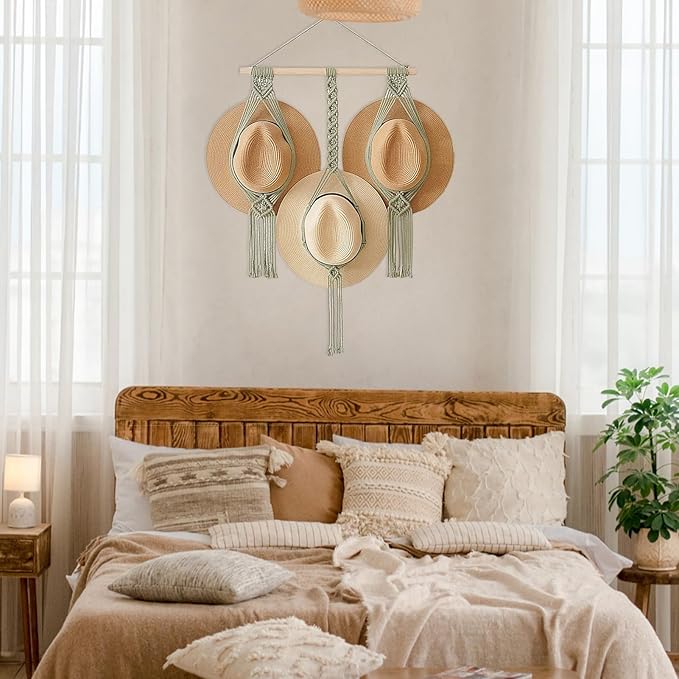 Tissting Macrame Hat Hangers Boho Hat Rack for Wall Hat Holder Display Organizer Bobo Hanging Hat Organizer Storage for Wide 