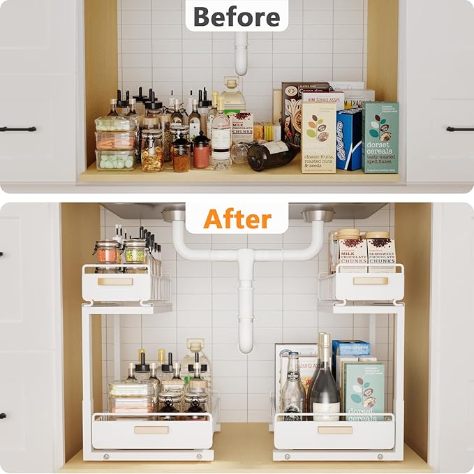 2 Pack Under Sink Organizer with Ball Bearing Sliding Drawer, Heavy Duty Pull Out Cabinet Organizer, 2 Tier Adjustable Storag