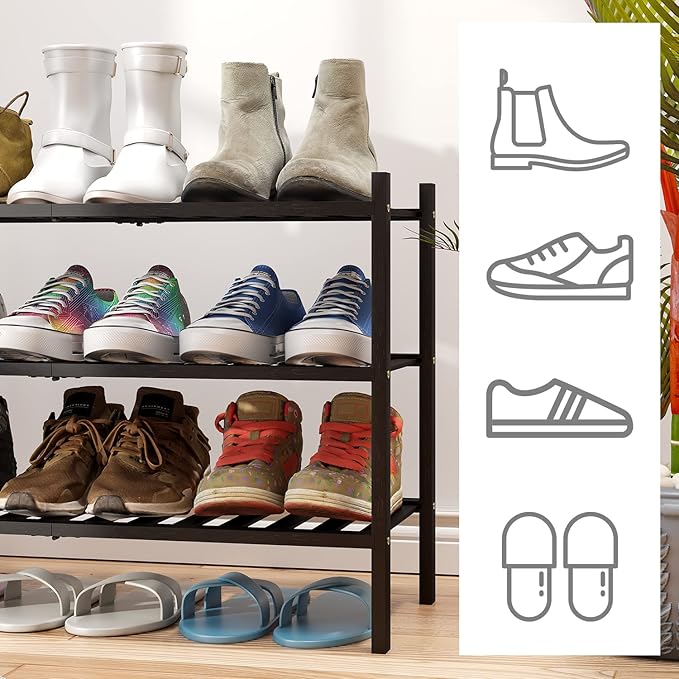 viewcare 3-Tier Black Bamboo Shoe Rack for Entryway, Stackable | Foldable | Natural, Shoe Shelf Storage Organizer for Hallway