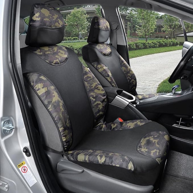 BDK Waterproof Camo Seat Covers for Car Truck Van SUV, 2 Pack – Two-Tone Black & Camouflage, Durable Neoprene Seat Protectors