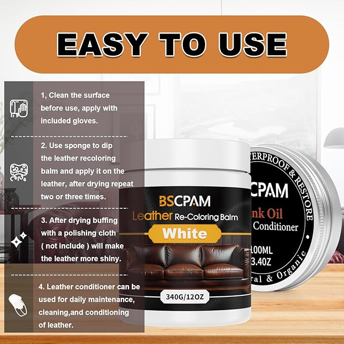 12oz Leather Recoloring Balm & 3.4oz Mink Oil Leather Conditioner kit,White Leather Color Repair Kits for Couches, Leather Co