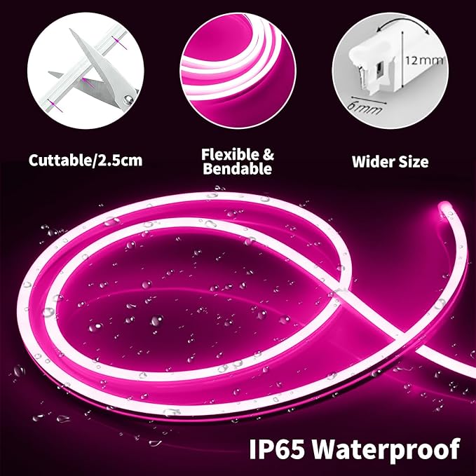 iNextStation 16.4FT/5M Pink LED Strip Lights, DC12V Silicone Neon Light Strip, IP65 Waterproof Led Rope Lights Dimmer for Cuttable DIY, LED Light Strip for Bedroom, Indoor, Outdoor(with Plug)
