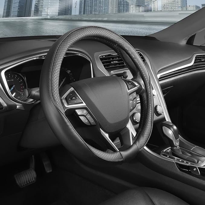SEG Direct Steering Wheel Cover 14.5-15 inch (37-39 cm) Medium Size, Microfiber Leather, Non-Slip Comfortable Grip, Fits Cars