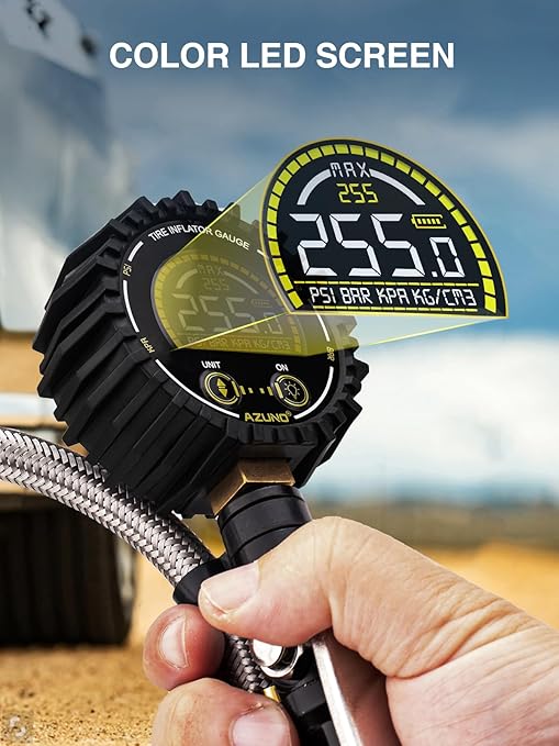 AZUNO Tire Pressure Gauge, 255PSI Digital Tire Inflator Gauge Air Chuck Air Compressor Attachments, with Steel Braided Hose, Quick Connect Coupler&Carrying Case, for Truck/Car/SUV/RV/Bike