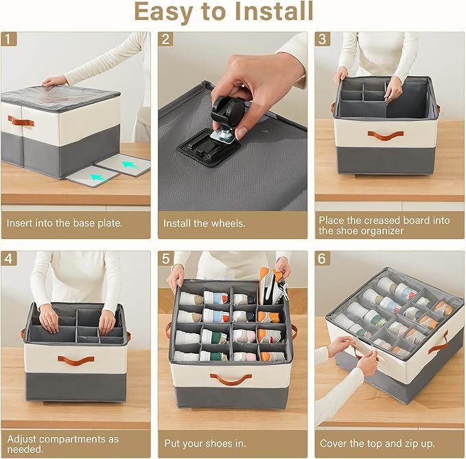 INSTY 2 Pack Shoe Organizer for Closet,Shoe Storage Organizer with Wheels, Fits up to 32 Pairs,Adjustable Dividers,Fabric Sho