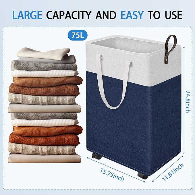 HomeHacks 75L Rolling Laundry Basket with Wheels, Collapsible & Waterproof Laundry Hamper, Mobile Clothes Hamper, Storage Lau