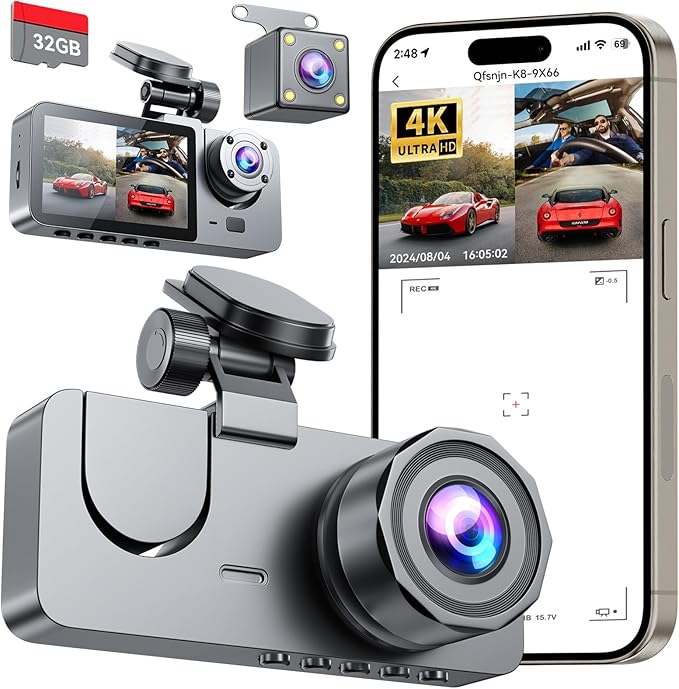 Dash Cam Front and Rear Inside 3 Channel, 4K Full UHD Dash Camera for Cars Built-in 32GB Card with IR Night Vision, 24 Hours 