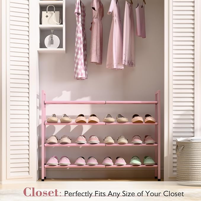 Bumusty 4-Tier Expandable Shoe Rack for Closet, 18“-33” Adjustable Shoe Rack for Small Space, Small Shoe Organizer for Front 
