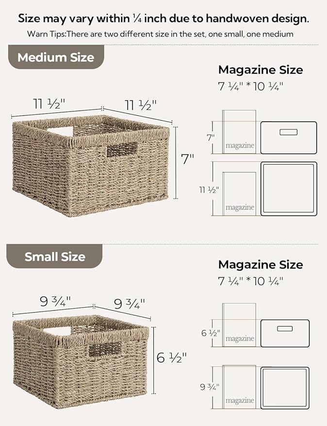 StorageWorks Wicker Storage Baskets, Handwoven Seagrass Basket for Organizing, Decorative Wicker Baskets with Built-in Handle