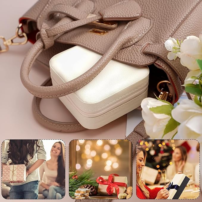 Neveika Portable Travel Mini Jewelry Box Leather Jewellery Ring Organizer Case Storage Gift Box Girls Women (4pcs White).