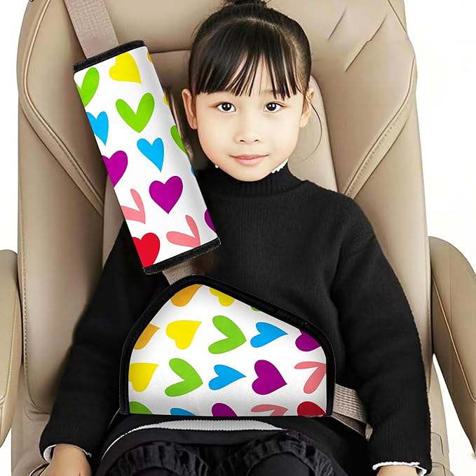 Kids Seat Belt Cover & Neck Protector - Soft Breathable Car Seat Belt Cushion for Children, Universal Fit, Hypoallergenic Travel Accessory, Colorful Heart
