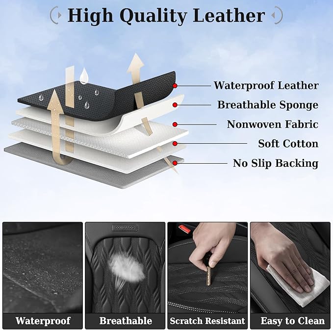 Coverado Car Seat Cover, Black Seat Cover for Cars, Luxury Leather Seat Covers Full Set with Embossed Pattern, Waterproof Car