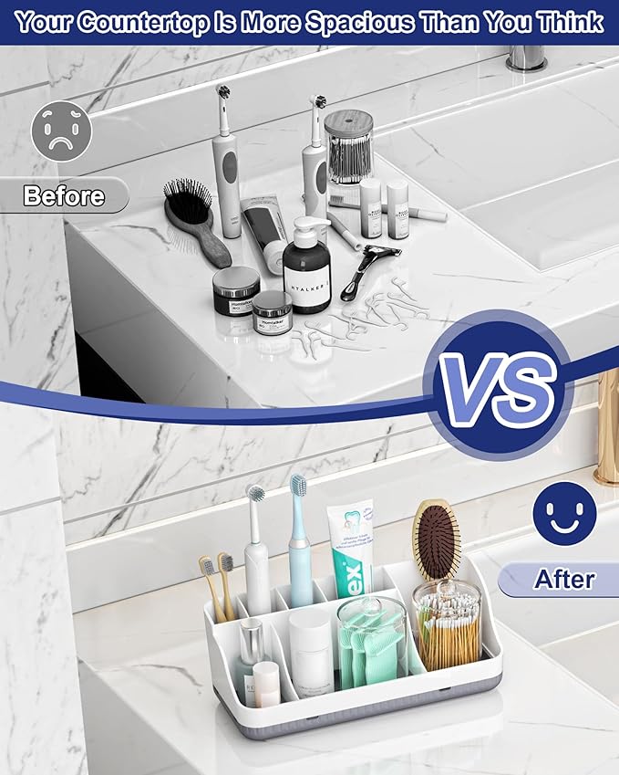 Bathroom Counter Organizer and Storage with 2 Pack Qtip Holder Dispenser, 7 Slots Detachable Toothbrush Holders for Bathrooms