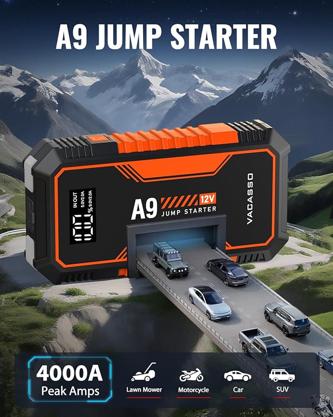 Jump Starter 4000A, VACASSO A9 Battery Jumper Starter Portable (7L Gas/4L Diesel), 12V Car Battery Booster Jump Starters