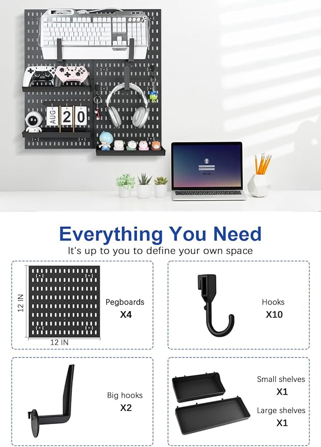 Pegboard Wall Organizer Kit – Heavy Duty 20lbs Load Bearing, Easy Installation, 4 Peg Board Panels 14 Accessories – Multi-Sur